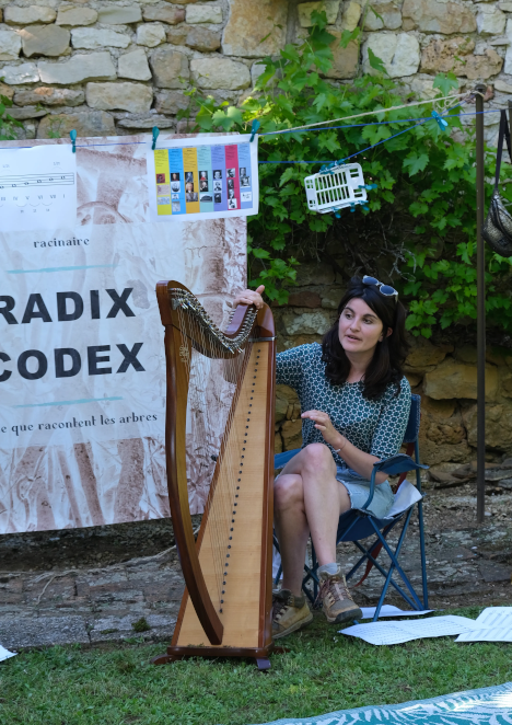 Sarah, munie de sa harpe, prête à déchiffrer la musique des arbres